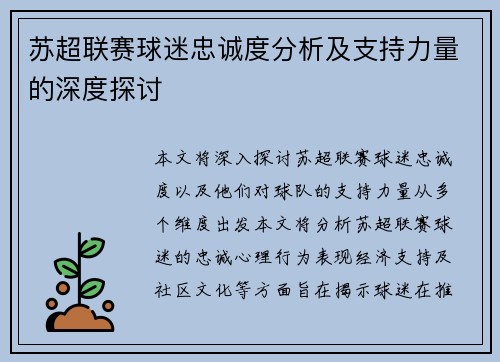苏超联赛球迷忠诚度分析及支持力量的深度探讨